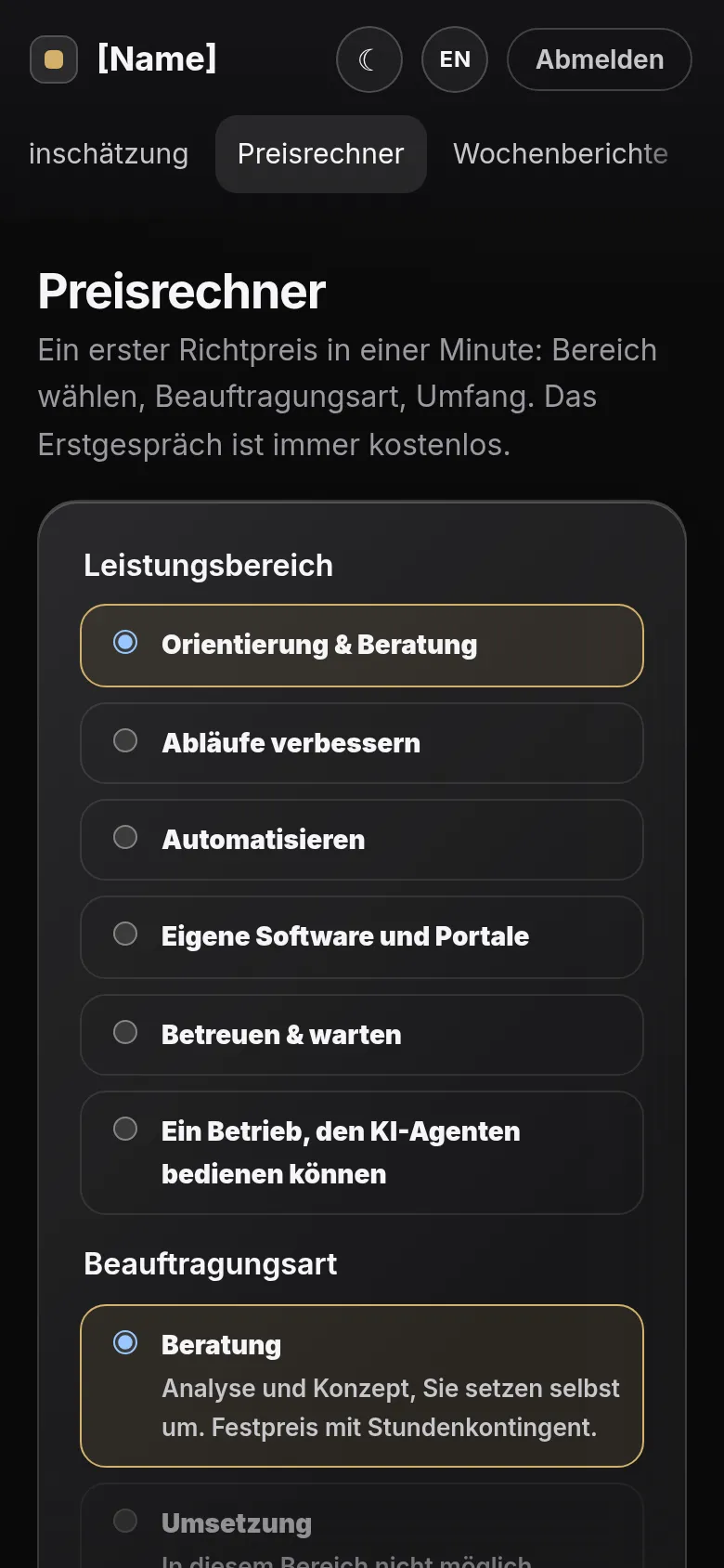 Client portal on a phone: price calculator with a choice of service area and type of engagement (German interface)